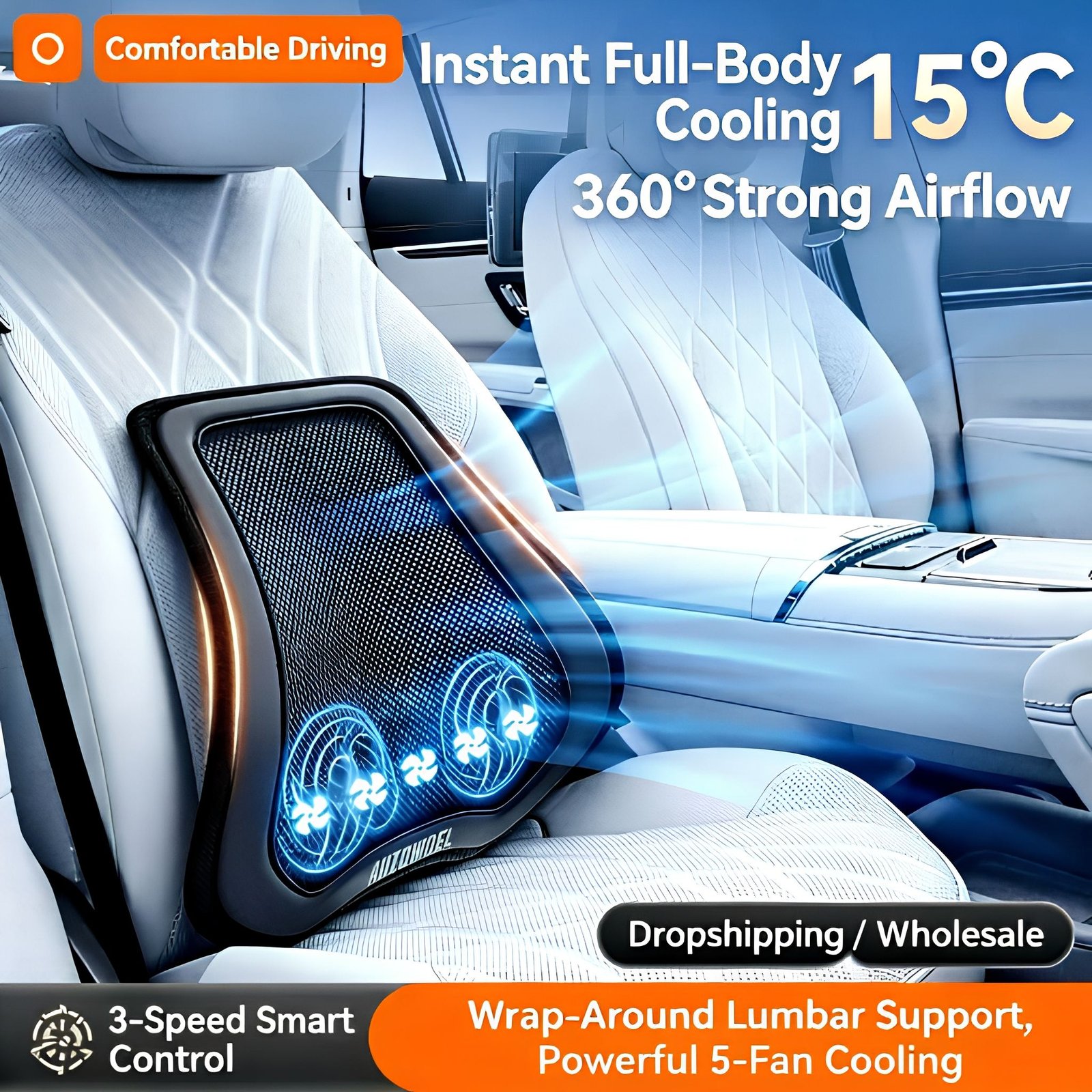 Premium Ventilated Car Lumbar Support - Soft Leather Cooling Mesh Back Pillow for Long Driving Comfort. Fits All Vehicles.
