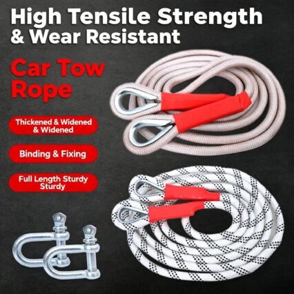 Premium Heavy-Duty Nylon Car Towing Rope - High-Strength Road Rescue Recovery Strap with Steel U-Hooks. Fits All Cars, SUVs, and Trucks.