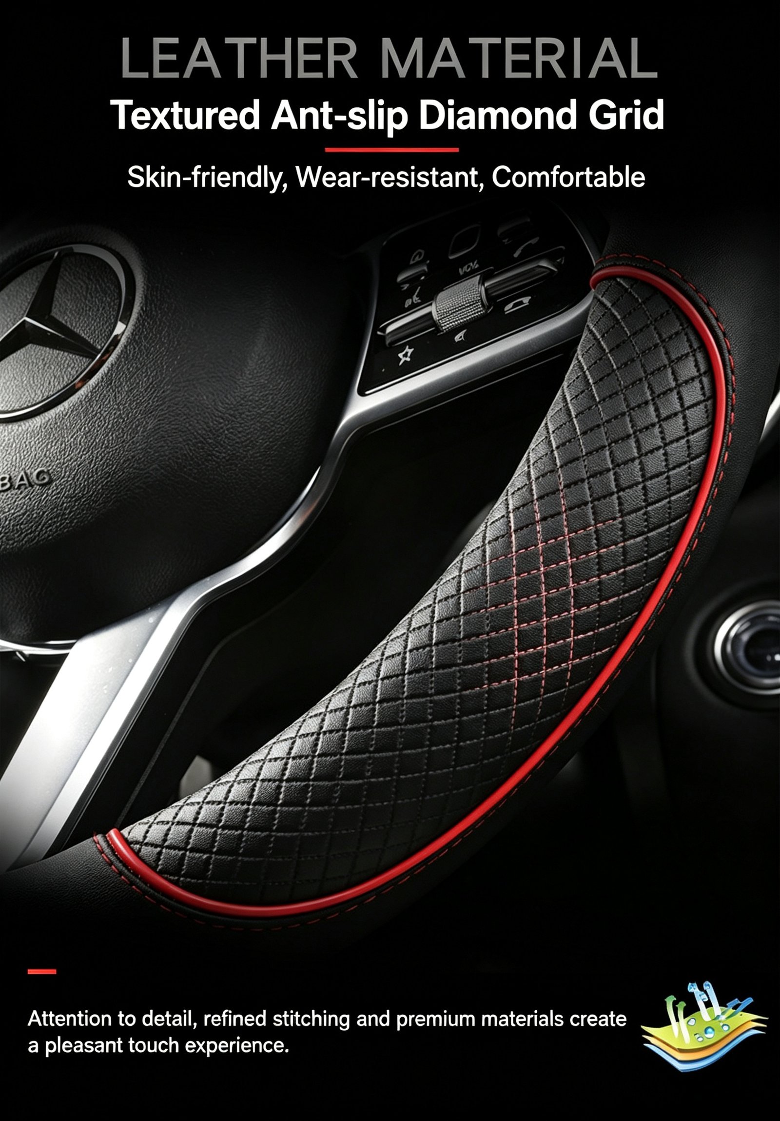 Premium Ultra-Thin Embossed Leather Steering Wheel Cover – Contrast Color Dual-Tone Design, Breathable & Non-Slip All-Season Grip for Round and D-Shape Wheels - Image 19
