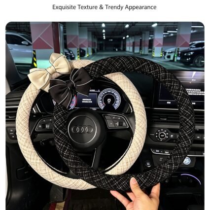Premium Woven Steering Wheel Cover with Bow – Soft Polyester Fabric, Anti-Slip Rubber Inner Ring, Universal 37–38cm Fit