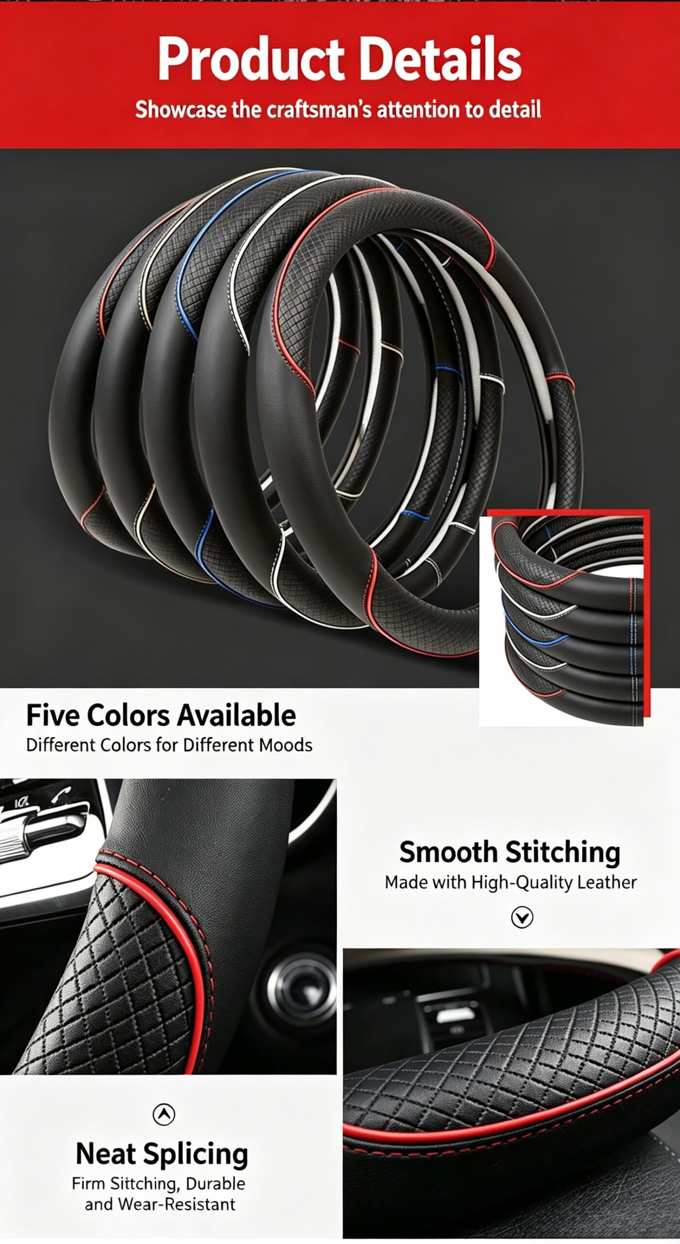 Premium Ultra-Thin Embossed Leather Steering Wheel Cover – Contrast Color Dual-Tone Design, Breathable & Non-Slip All-Season Grip for Round and D-Shape Wheels - Image 16